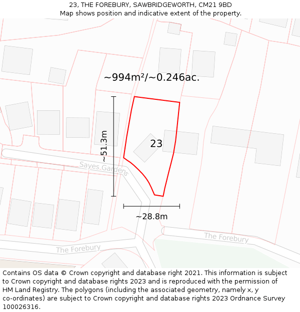 23, THE FOREBURY, SAWBRIDGEWORTH, CM21 9BD: Plot and title map