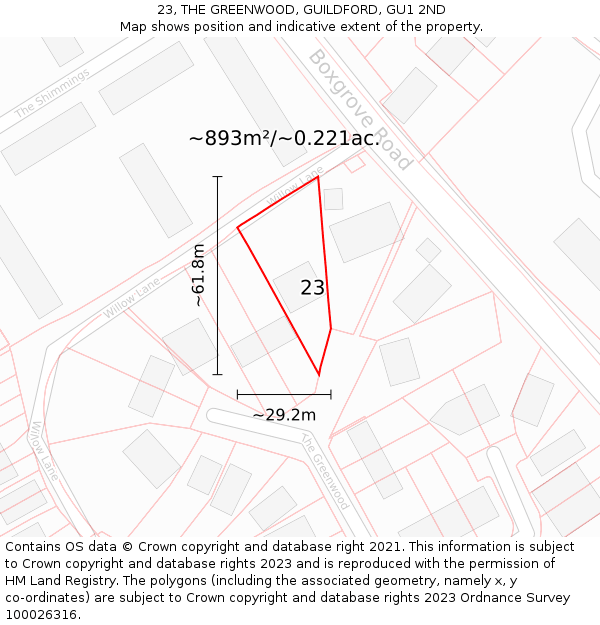 23, THE GREENWOOD, GUILDFORD, GU1 2ND: Plot and title map