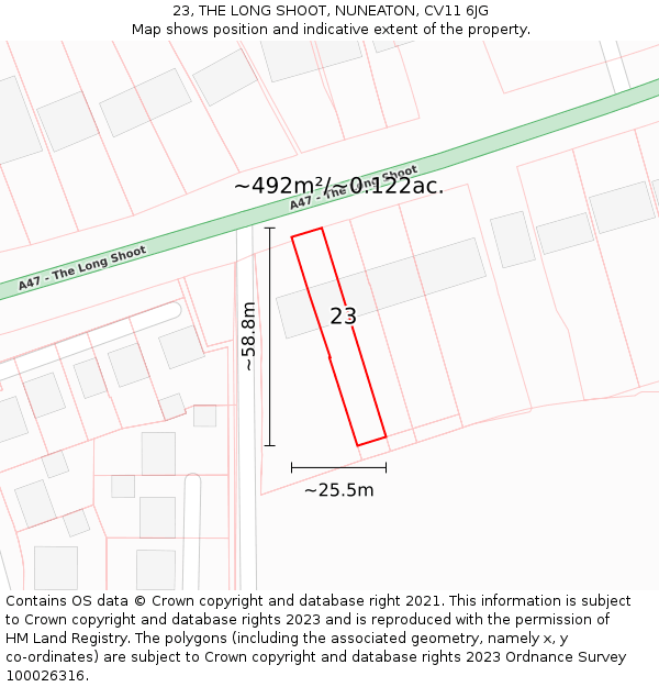 23, THE LONG SHOOT, NUNEATON, CV11 6JG: Plot and title map