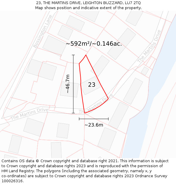 23, THE MARTINS DRIVE, LEIGHTON BUZZARD, LU7 2TQ: Plot and title map