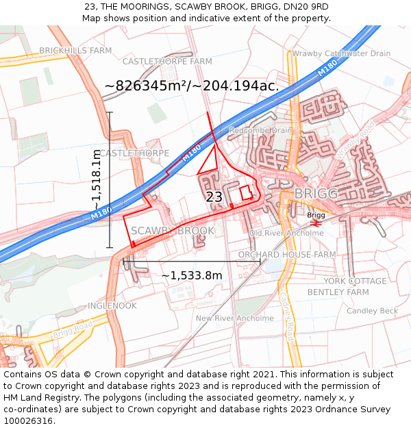 23, THE MOORINGS, SCAWBY BROOK, BRIGG, DN20 9RD: Plot and title map