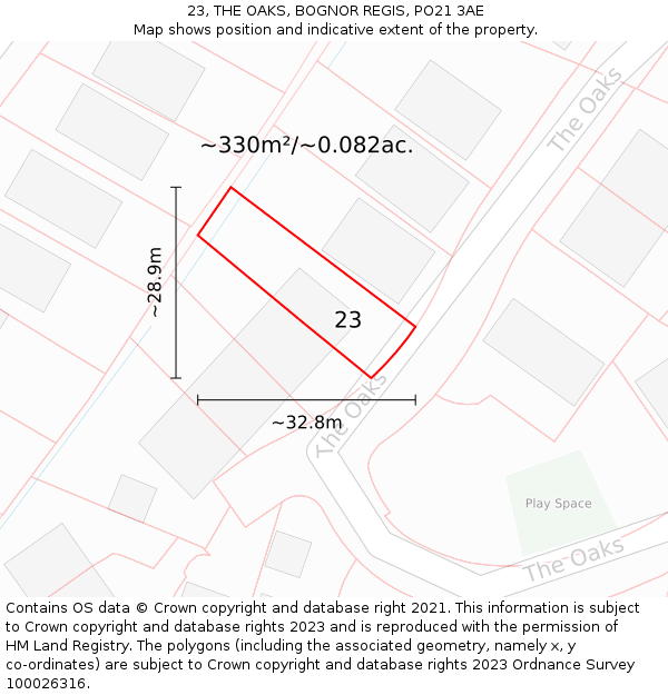 23, THE OAKS, BOGNOR REGIS, PO21 3AE: Plot and title map