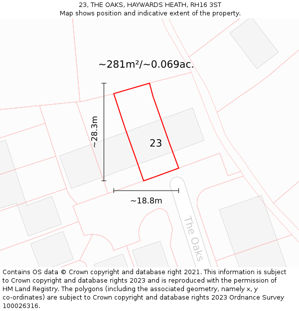 23, THE OAKS, HAYWARDS HEATH, RH16 3ST: Plot and title map