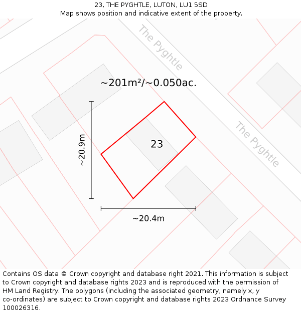 23, THE PYGHTLE, LUTON, LU1 5SD: Plot and title map
