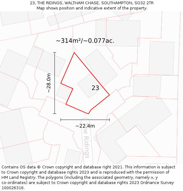 23, THE RIDINGS, WALTHAM CHASE, SOUTHAMPTON, SO32 2TR: Plot and title map