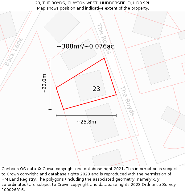 23, THE ROYDS, CLAYTON WEST, HUDDERSFIELD, HD8 9PL: Plot and title map
