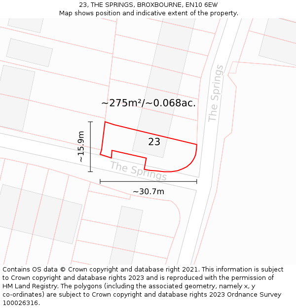 23, THE SPRINGS, BROXBOURNE, EN10 6EW: Plot and title map