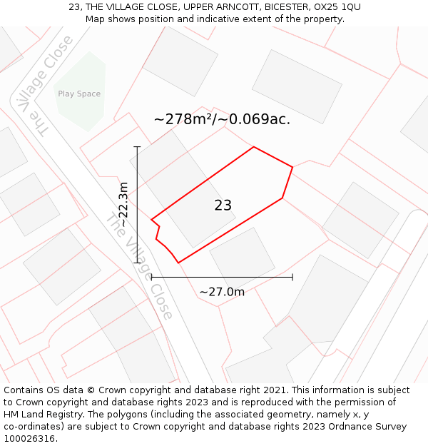 23, THE VILLAGE CLOSE, UPPER ARNCOTT, BICESTER, OX25 1QU: Plot and title map