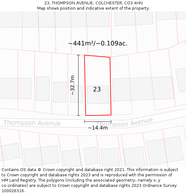 23, THOMPSON AVENUE, COLCHESTER, CO3 4HN: Plot and title map