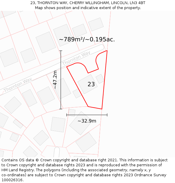 23, THORNTON WAY, CHERRY WILLINGHAM, LINCOLN, LN3 4BT: Plot and title map