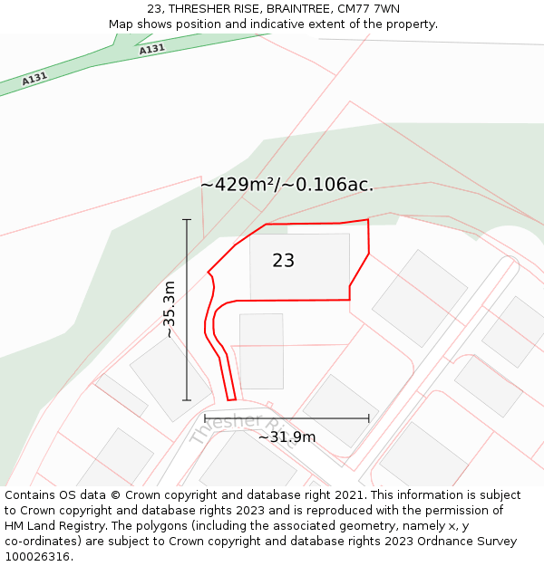 23, THRESHER RISE, BRAINTREE, CM77 7WN: Plot and title map