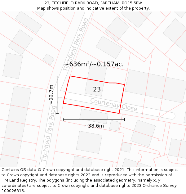 23, TITCHFIELD PARK ROAD, FAREHAM, PO15 5RW: Plot and title map