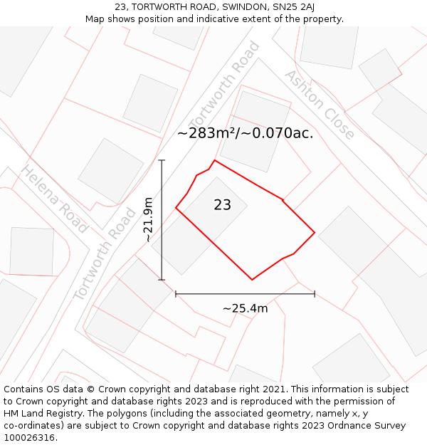 23, TORTWORTH ROAD, SWINDON, SN25 2AJ: Plot and title map