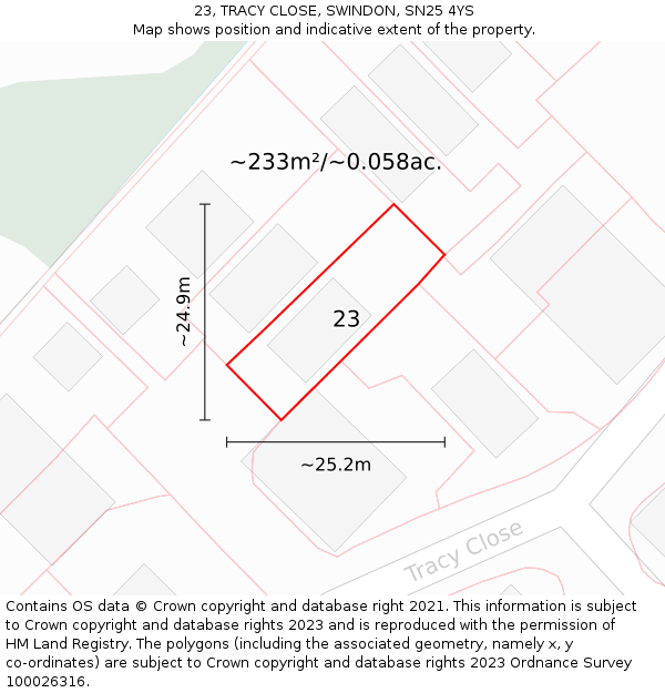 23, TRACY CLOSE, SWINDON, SN25 4YS: Plot and title map