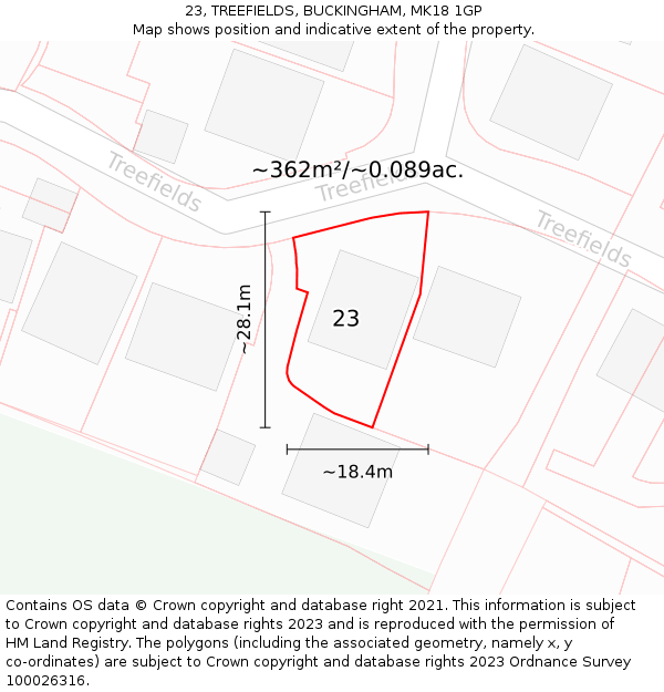 23, TREEFIELDS, BUCKINGHAM, MK18 1GP: Plot and title map