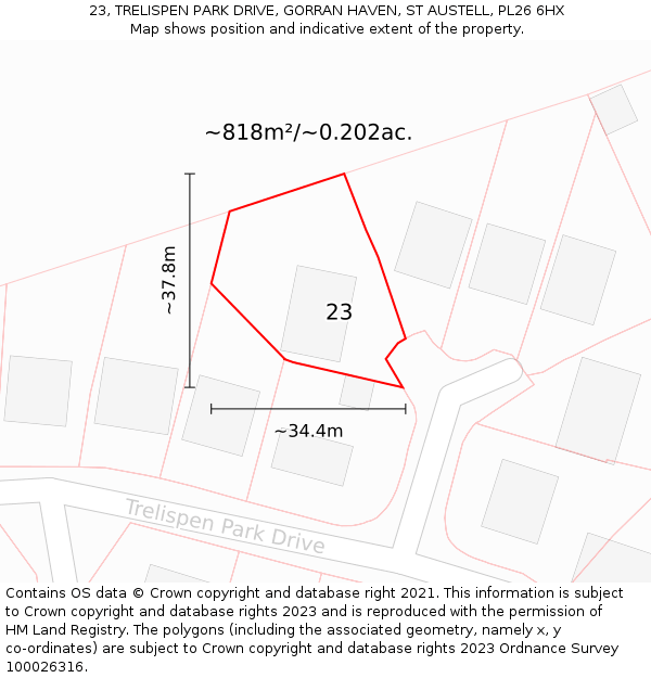 23, TRELISPEN PARK DRIVE, GORRAN HAVEN, ST AUSTELL, PL26 6HX: Plot and title map