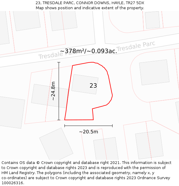 23, TRESDALE PARC, CONNOR DOWNS, HAYLE, TR27 5DX: Plot and title map