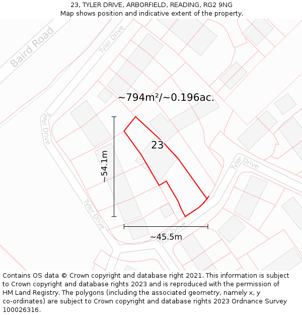 23, TYLER DRIVE, ARBORFIELD, READING, RG2 9NG: Plot and title map