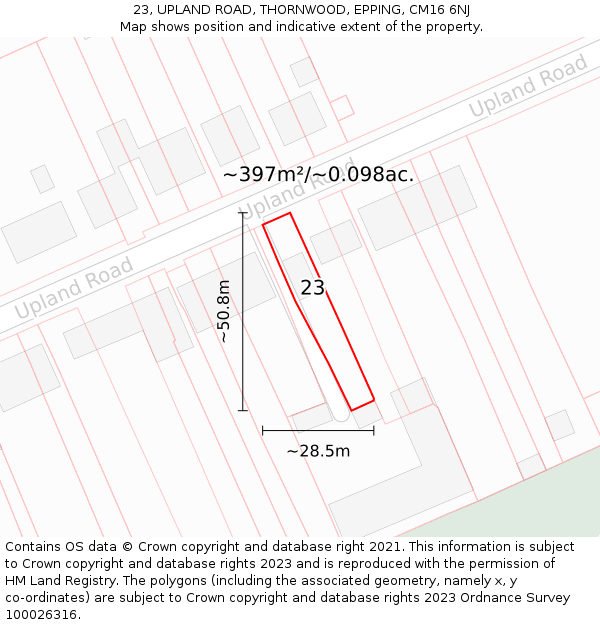 23, UPLAND ROAD, THORNWOOD, EPPING, CM16 6NJ: Plot and title map