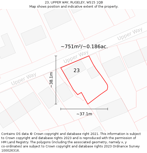 23, UPPER WAY, RUGELEY, WS15 1QB: Plot and title map