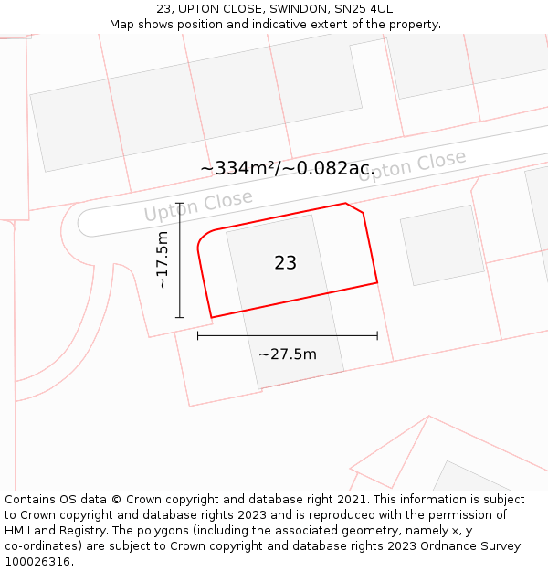 23, UPTON CLOSE, SWINDON, SN25 4UL: Plot and title map