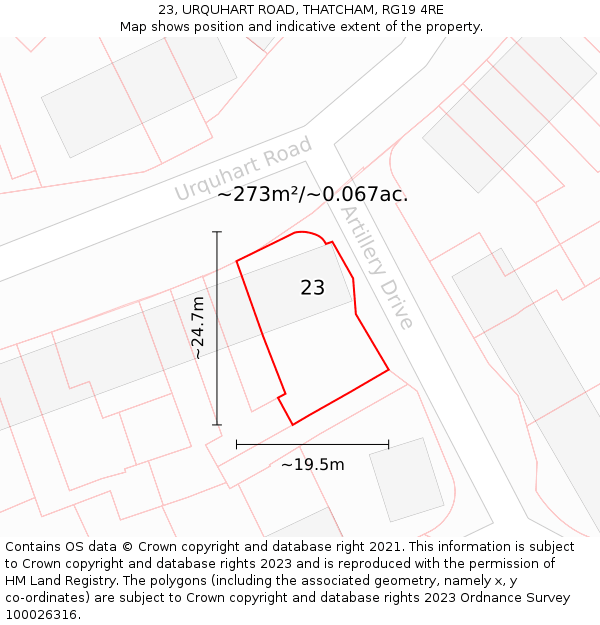 23, URQUHART ROAD, THATCHAM, RG19 4RE: Plot and title map