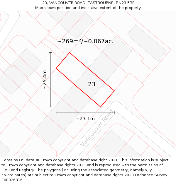 23, VANCOUVER ROAD, EASTBOURNE, BN23 5BF: Plot and title map