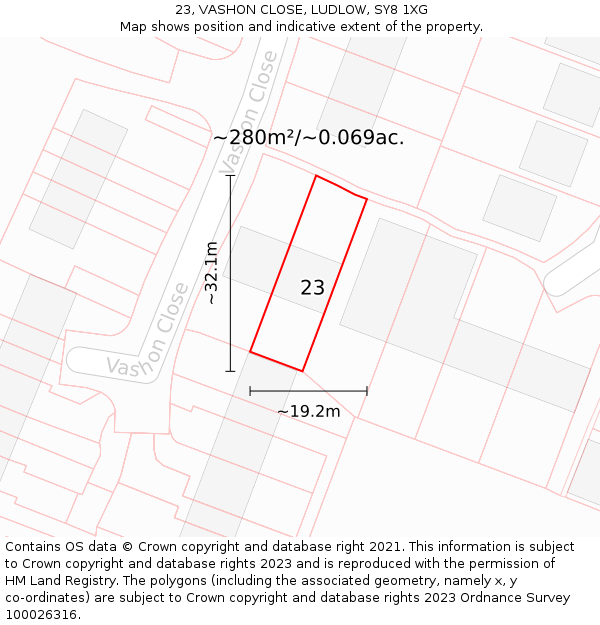 23, VASHON CLOSE, LUDLOW, SY8 1XG: Plot and title map