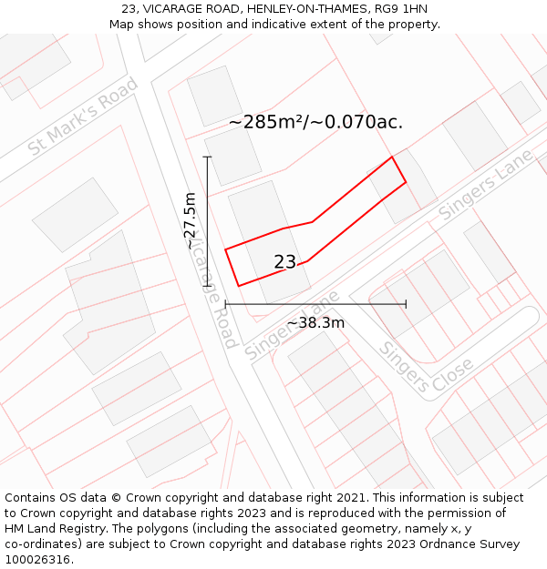 23, VICARAGE ROAD, HENLEY-ON-THAMES, RG9 1HN: Plot and title map