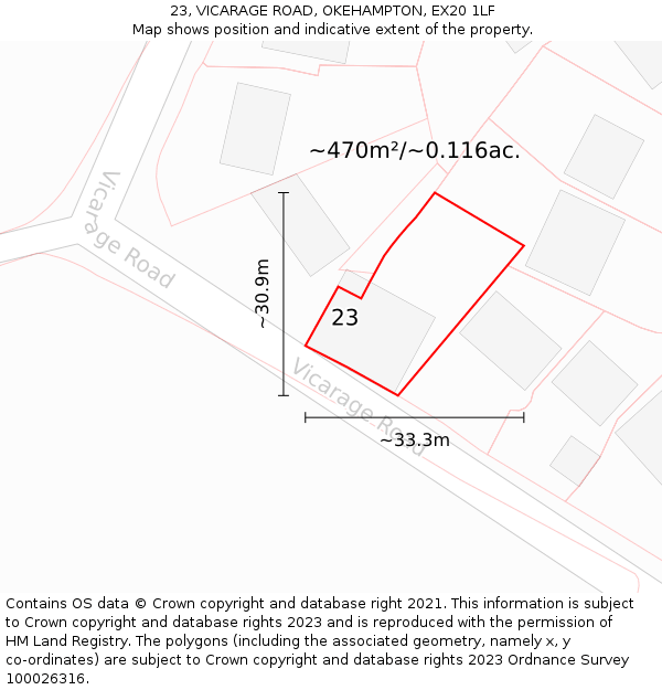 23, VICARAGE ROAD, OKEHAMPTON, EX20 1LF: Plot and title map