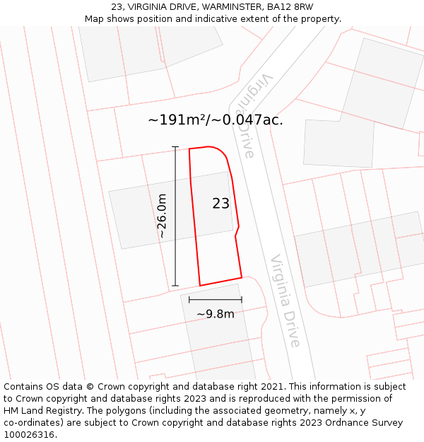 23, VIRGINIA DRIVE, WARMINSTER, BA12 8RW: Plot and title map