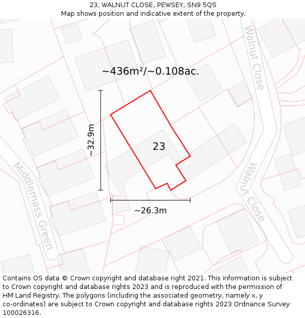 23, WALNUT CLOSE, PEWSEY, SN9 5QS: Plot and title map