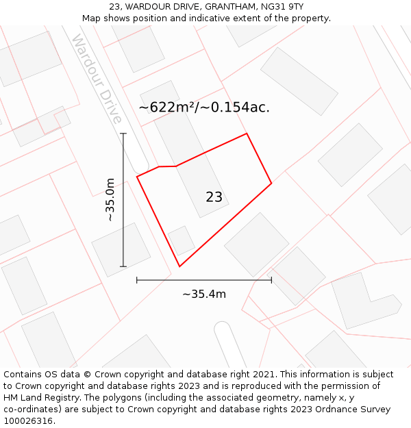 23, WARDOUR DRIVE, GRANTHAM, NG31 9TY: Plot and title map