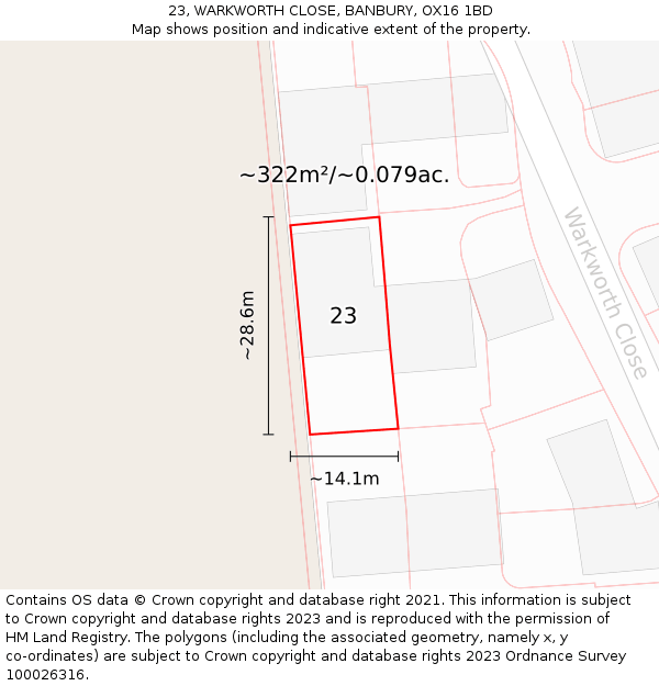 23, WARKWORTH CLOSE, BANBURY, OX16 1BD: Plot and title map