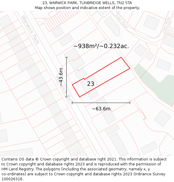 23, WARWICK PARK, TUNBRIDGE WELLS, TN2 5TA: Plot and title map