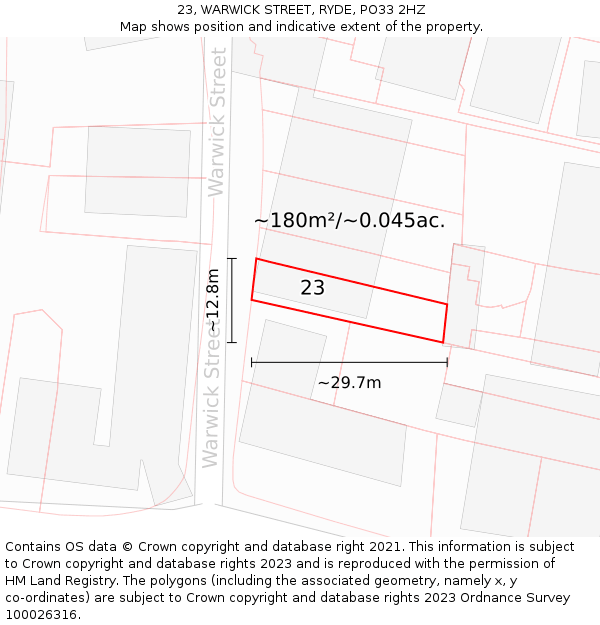 23, WARWICK STREET, RYDE, PO33 2HZ: Plot and title map