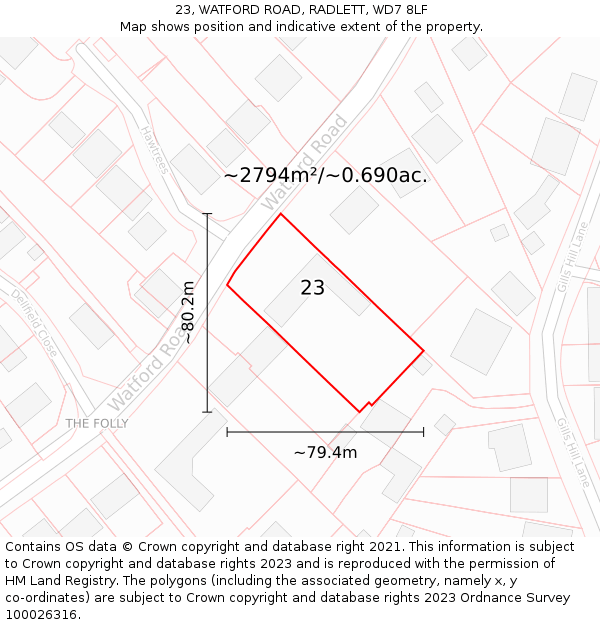 23, WATFORD ROAD, RADLETT, WD7 8LF: Plot and title map