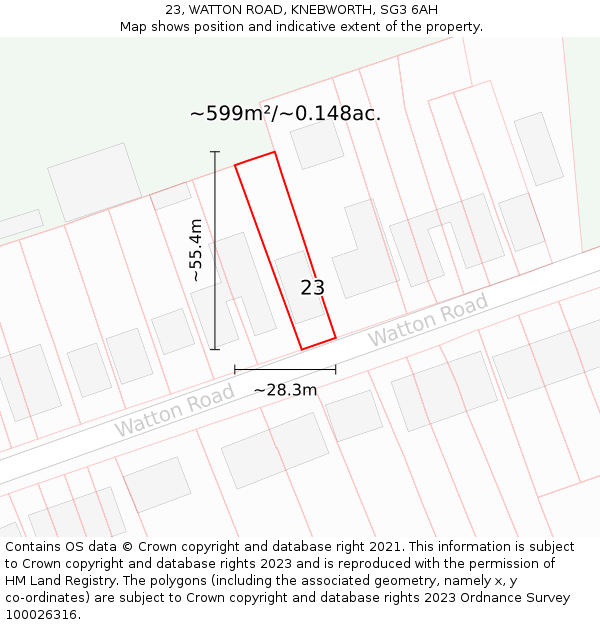 23, WATTON ROAD, KNEBWORTH, SG3 6AH: Plot and title map