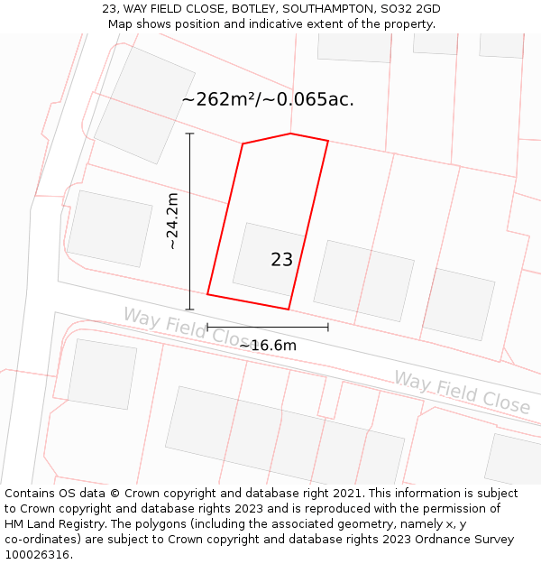 23, WAY FIELD CLOSE, BOTLEY, SOUTHAMPTON, SO32 2GD: Plot and title map