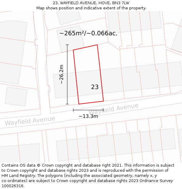 23, WAYFIELD AVENUE, HOVE, BN3 7LW: Plot and title map