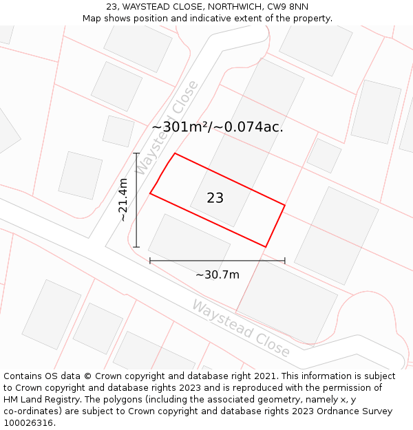 23, WAYSTEAD CLOSE, NORTHWICH, CW9 8NN: Plot and title map