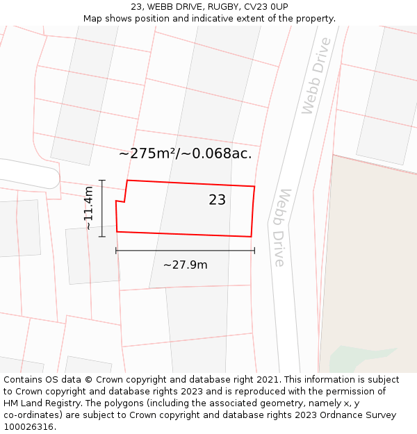 23, WEBB DRIVE, RUGBY, CV23 0UP: Plot and title map