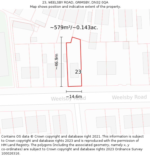 23, WEELSBY ROAD, GRIMSBY, DN32 0QA: Plot and title map