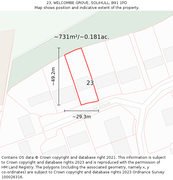 23, WELCOMBE GROVE, SOLIHULL, B91 1PD: Plot and title map