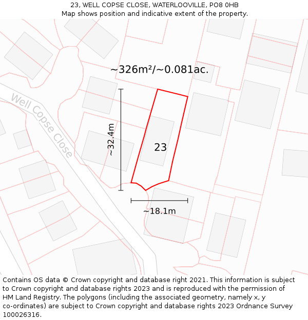 23, WELL COPSE CLOSE, WATERLOOVILLE, PO8 0HB: Plot and title map