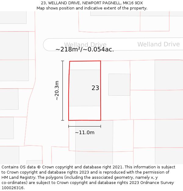 23, WELLAND DRIVE, NEWPORT PAGNELL, MK16 9DX: Plot and title map