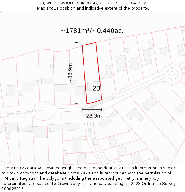 23, WELSHWOOD PARK ROAD, COLCHESTER, CO4 3HZ: Plot and title map