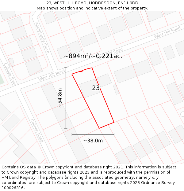 23, WEST HILL ROAD, HODDESDON, EN11 9DD: Plot and title map