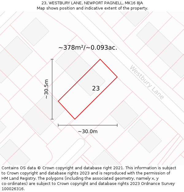 23, WESTBURY LANE, NEWPORT PAGNELL, MK16 8JA: Plot and title map