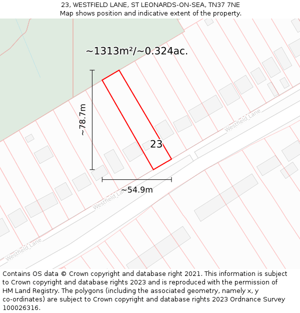 23, WESTFIELD LANE, ST LEONARDS-ON-SEA, TN37 7NE: Plot and title map